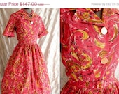 Sale 50s Dress // Vintage 1950s Deep Pink and Yellow Swirl Print Party Dress with Full Skirt by Lois Young Dallas Size S