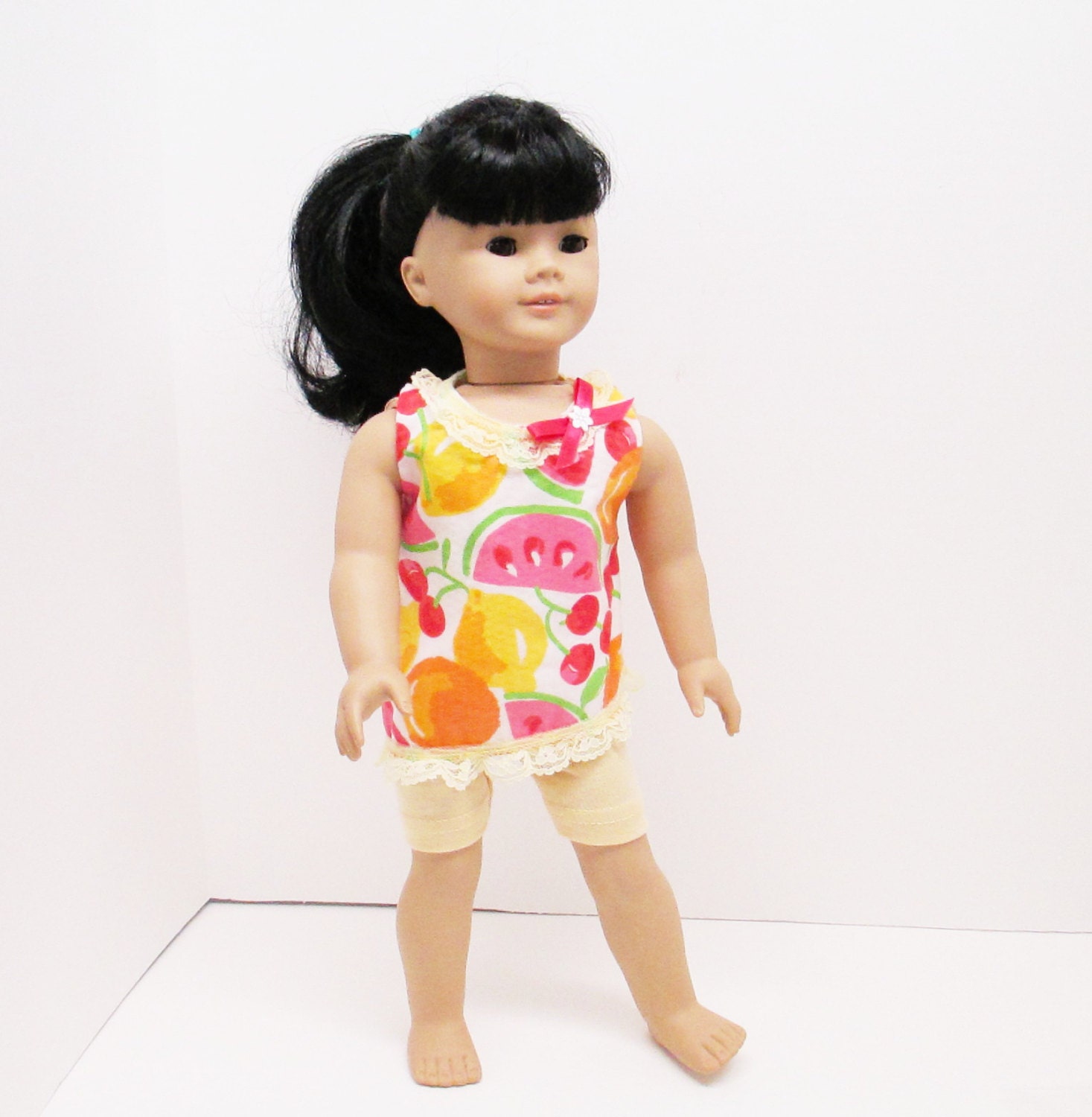 American Girl 18" doll clothes 2 pc tunic and leggings yellow and pink summer fruits