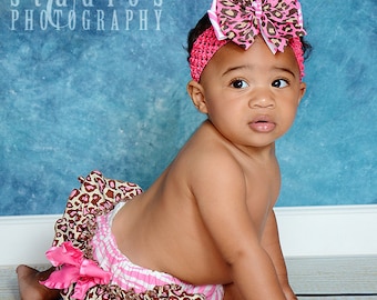 Hot Pink and Brown Leopard and Pink Zebra Fancy Pants Ruffled Diaper Cover with Matching Hair Bow-Photo Prop