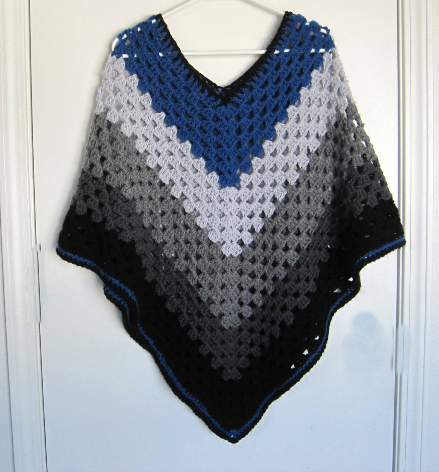 Crocheted Granny Square Poncho - Blue with Grey Shades