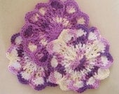 3 Small Crocheted Scalloped Dishcloths / Washcloths - Purple Splash