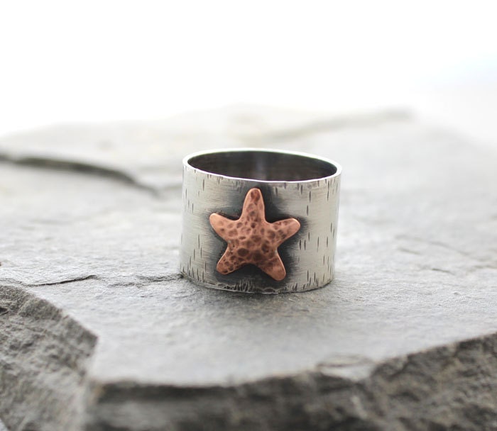 Starfish Ring, Copper and Sterling silver band ring, Metalsmithing, Metalwork, Gifts for her, ONE of a KIND, SIZE 9