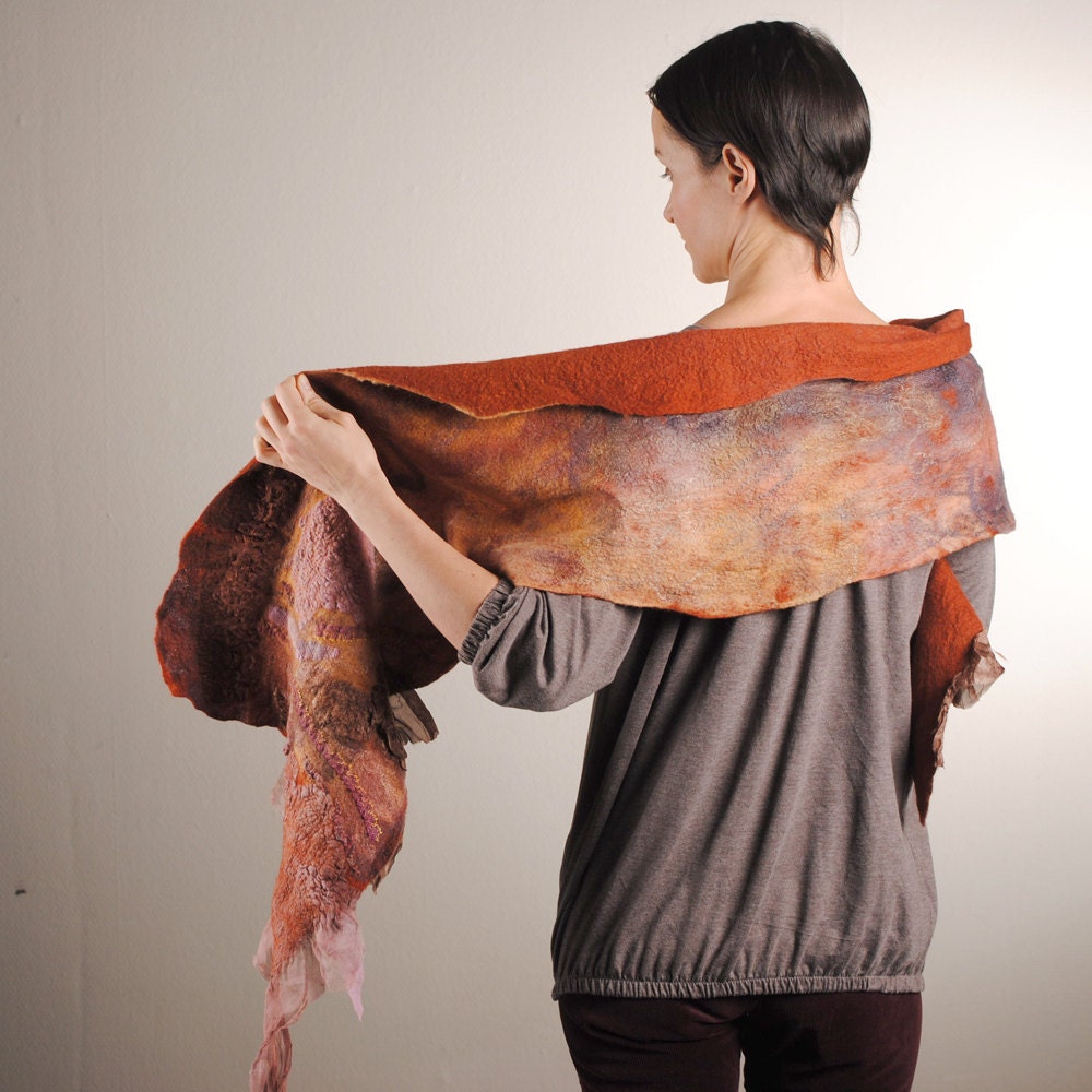 Nuno felted scarf Rusty Purple silk wool OOAK