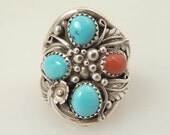 Size 11 Vintage Native American Turquoise and Coral Sterling Ring