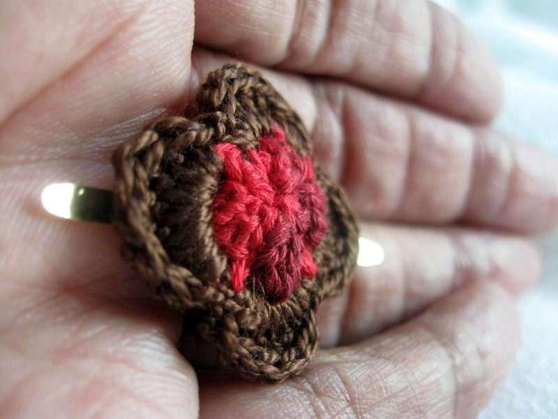 Crochet Lapel Pin, Men's Tiny Chocolate Brown and Red Variegated Buttonhole Suit Flower