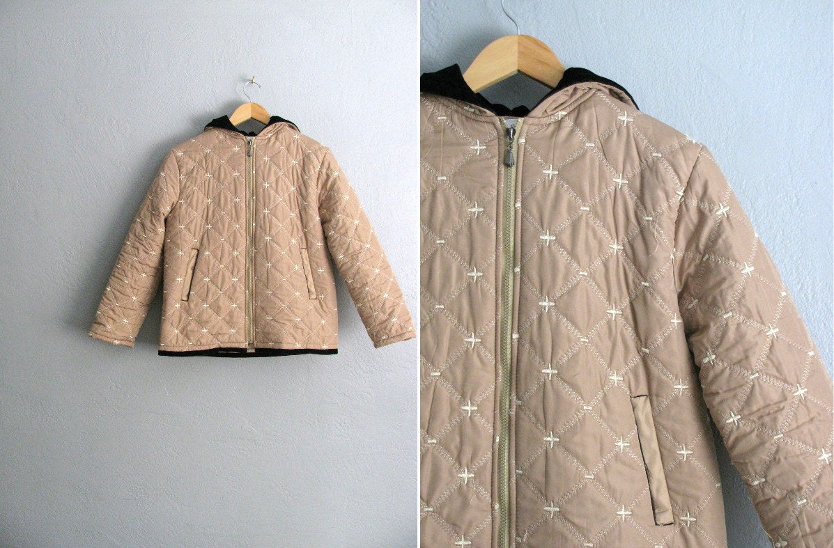 vintage '90s tan quilted CLUB KID zip-up HOODIE jacket with faux suede hood. size m l.