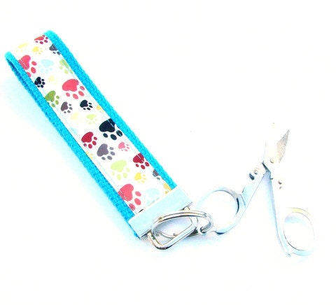 Wristlet Travel Sew Scissor Key Fob Key Lanyard Chain -Puppy Paws (Blue)