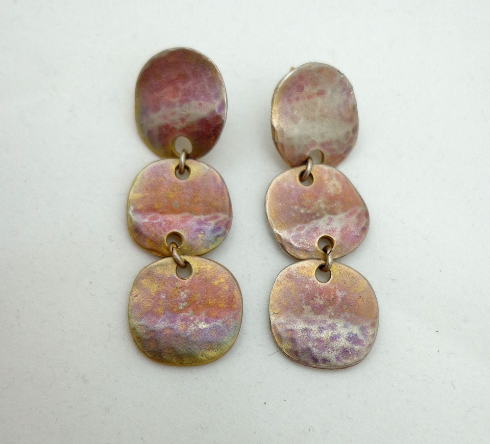Vintage Signed Made in USA Earrings Hammered Dangle Multi Colored Metals Brass Copper Silver