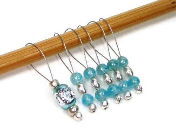 Beaded Knitting Stitch Markers Set, Snag Free, Knitting Tools, Aqua, Blue, Silver, Gift for Knitter, DIY Crafts, TJBdesigns