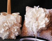 Ring Bearer Pillow and Flower Girl Basket Set - White Lace and Beige Silk - Alena