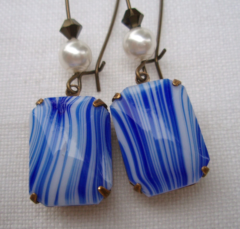 Dangle Earrings Jewelry Blue Marble Nautical Old Hollywood Vintage Rhinestone Pearl Earrings BELLE Royale