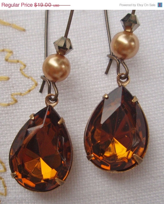 Memorial Day SALE 15% Off Dangle Topaz Amber Earrings Jewelry Old Hollywood Sparkle Vintage Rhinestone Pearl Earrings BELLE Amber