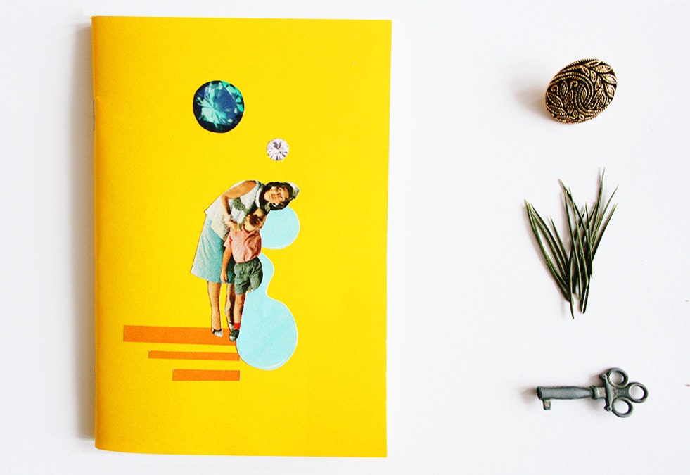 a6 paper notebook - yellow - vintage, retro, collage, unique, woman, child, blank