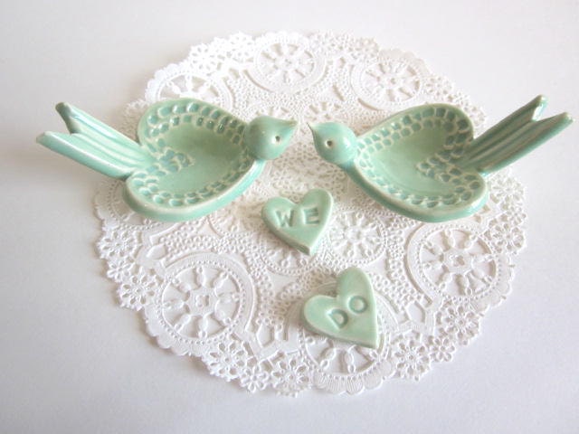 Wedding cake Topper in mint green, love birds we do ring holder, ring dish Handmade ceramic art