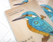 Clockwork Kingfisher - Postcard print, steampunk bird illustration