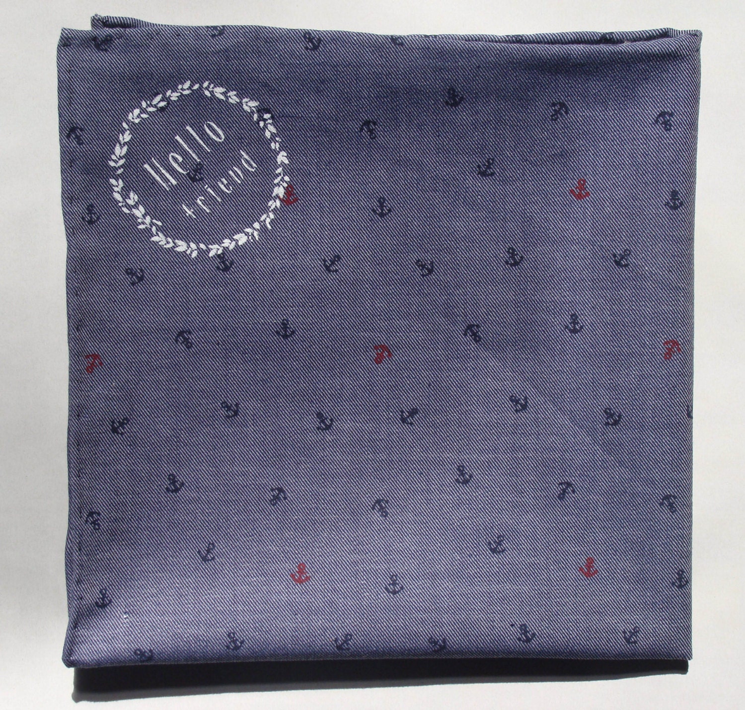 Hello Friend Dark Blue Anchors Chambray Pocket Square