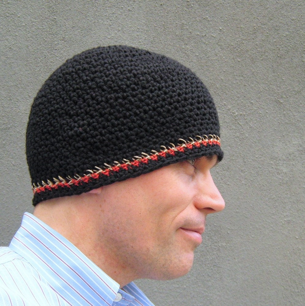 black men's beanie/ cotton hemp crochet