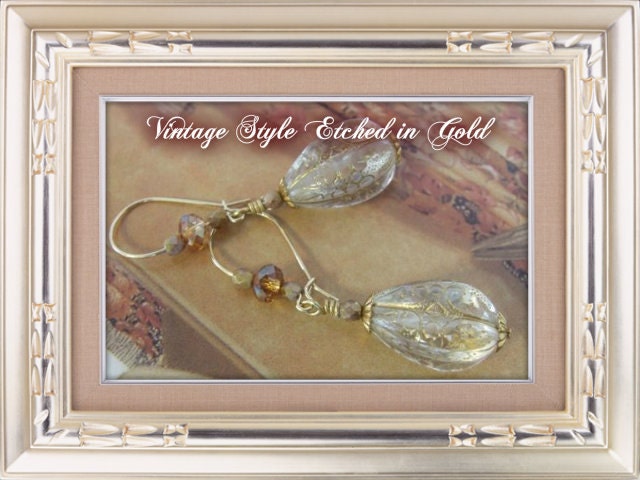 Vintage Style Gold Etched Teardrop Earrings.