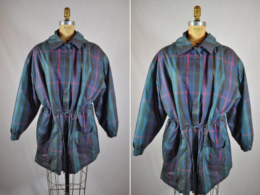 vintage rain jacket hooded plaid blue XL
