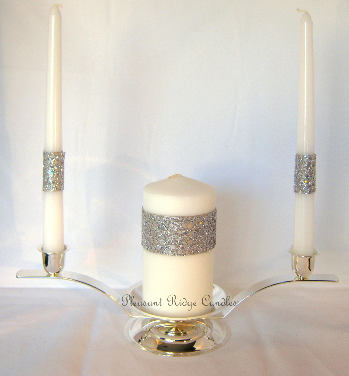 Unity Candle Set Sliver Bling Gray Wedding Silver Ribbon