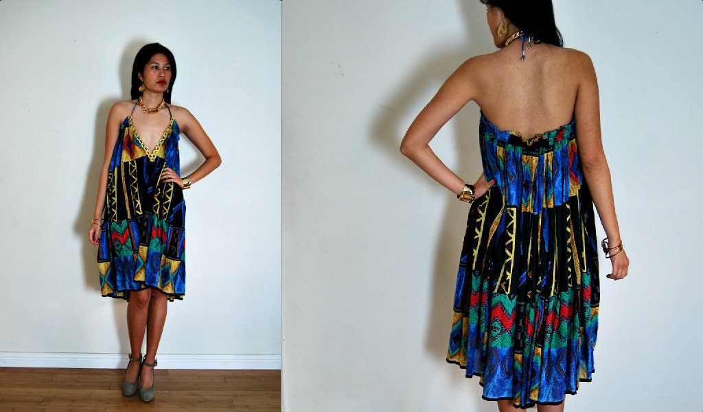 Upcycled Vintage Bold Aztec Multi Print  Backless Hi Low Halter Dress S/M
