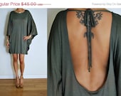 Memorial Day Sale Upcycled Muted Olive Plunging Backless Caftan Mini Dress S/M