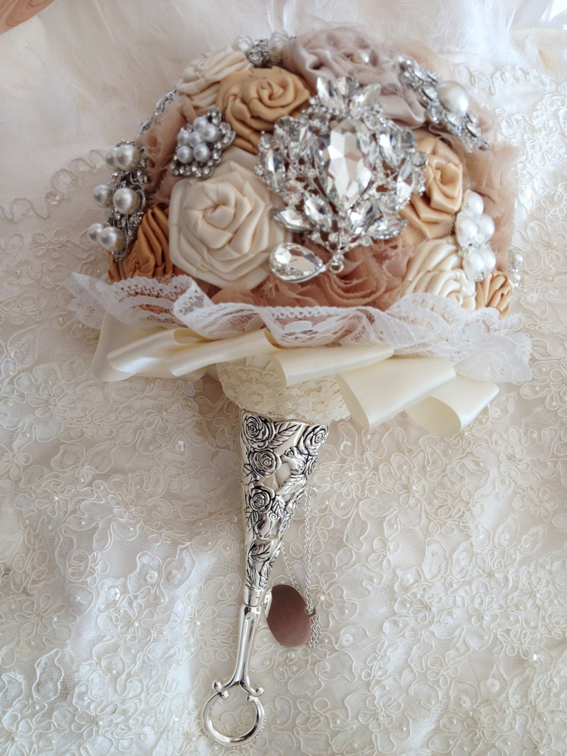 Bridal Brooch Bouquet, Champagne Brooch Bouquet with Jeweled Fabric Flowers, Wedding Brooch Bouquet