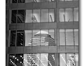 Cityscape Fine Art Photography, Black and White, New York City Skyscrapers, People Working, Reflections In The Windows