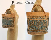 70's Embroidered Leather Purse / 1970s Hand Bag / The Waves of Teal Bag