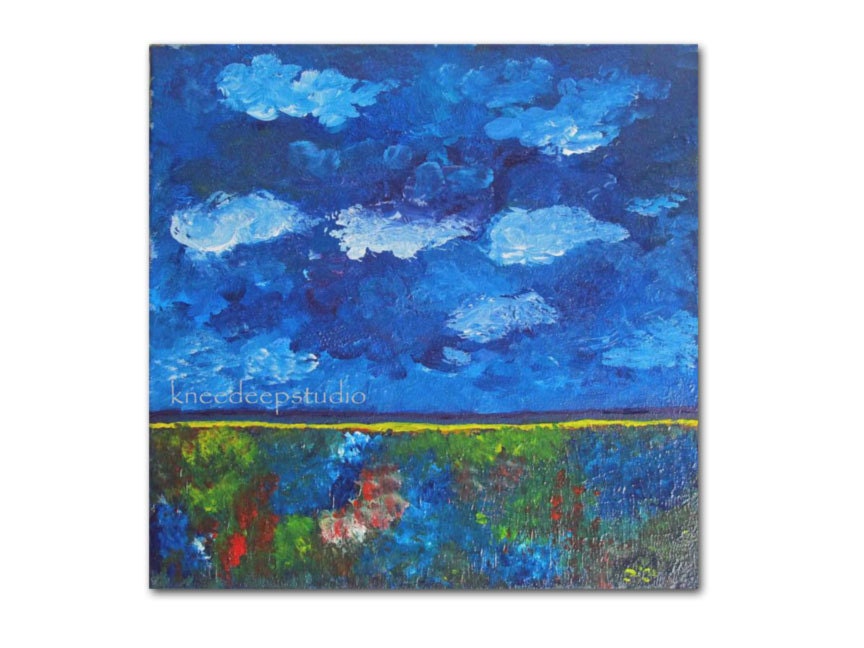 Modern Landscape painting summer storm clouds 12x12 acrylic on canvas colorful blue home decor