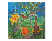 Colorful abstract painting fine art 30x30 canvas modern home decor summer garden guitar birds blue green wall art