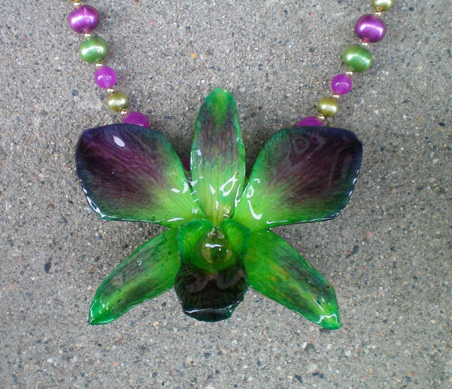 REAL Green and Purple ORCHID and Jade, Agate, Pearls 14k Goldfilled Necklace