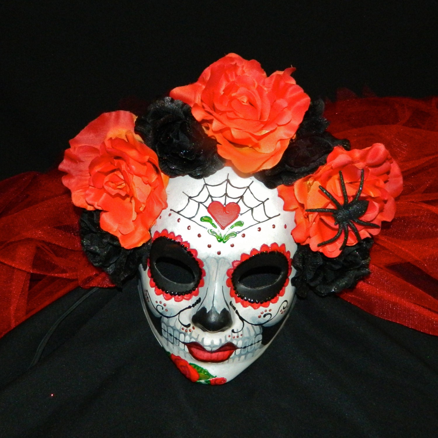 Day of the Dead Wedding Mask Veiled Black and White Skull Dia de Los Muertos Ready to Ship as Shown