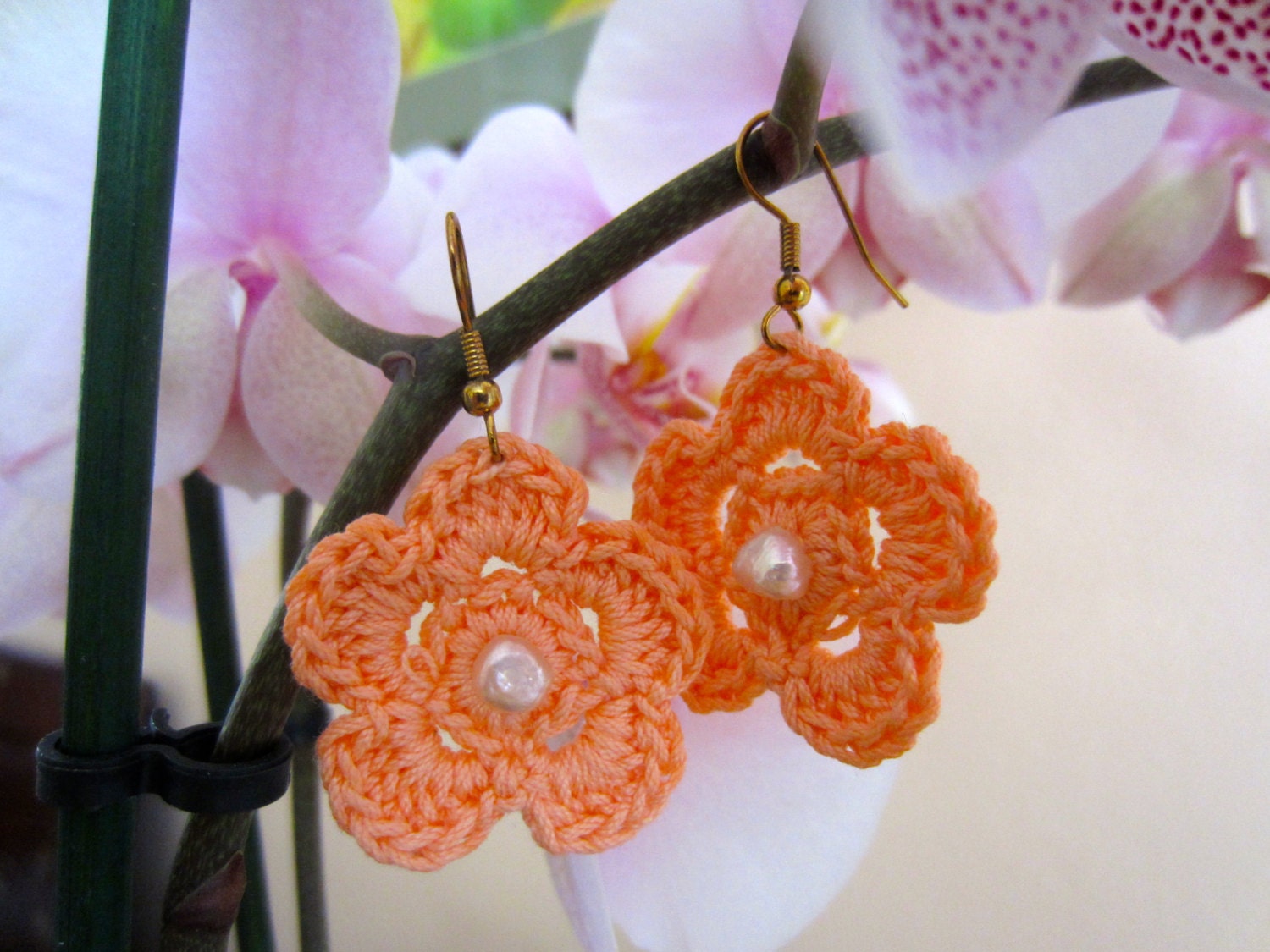 Crochet Orange Flower Earrings,  French Cotton &  Fresh Water Pearls,Trendy,  Women, Teens, Mothers Day Gift