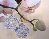 Crochet Flower Earrings, Steel Gray French Cotton &  Fresh Water Pearls, Dangling, Trendy,  Women, Teens, Mothers Day Gift