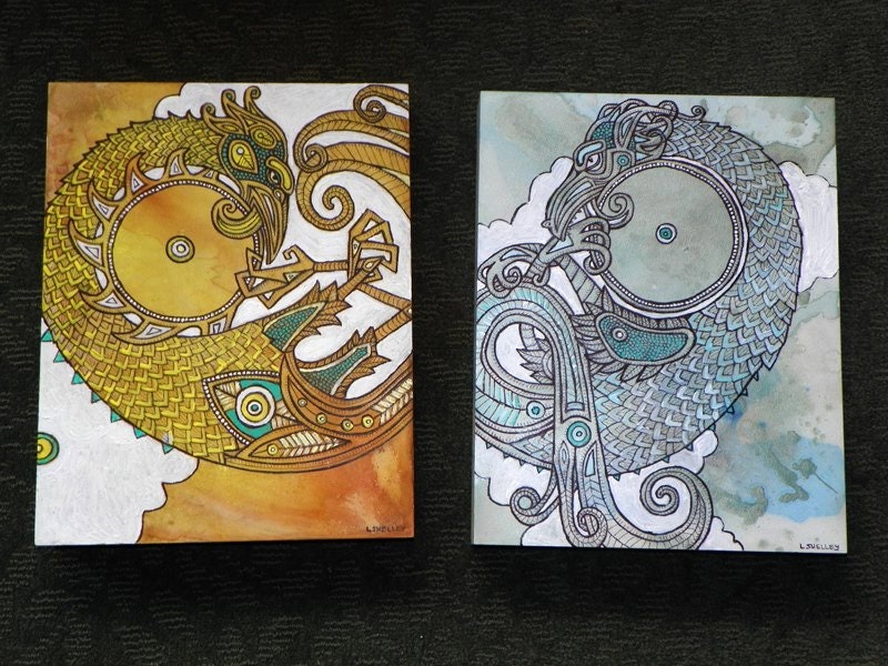 Original Mixed Media Painting / Abstract Tribal Dragon Fantasy Art Diptych
