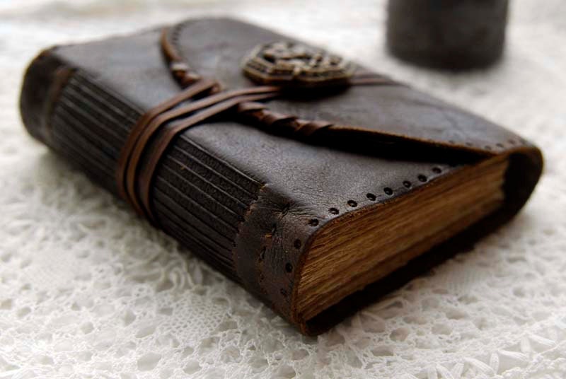 The Poet - Rustic Brown Leather Journal, Hand Embossed, Tea Stained Pages, Vintage Wooden Button - OOAK