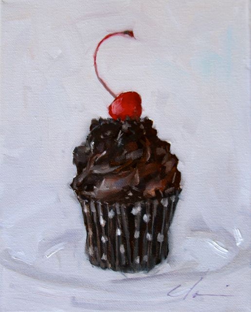 Chocolate Frosting with Sprinkles Delicious Cupcake, White Polka Dotted Wrapper, Red Cherry, Original Painting by Clair Hartmann