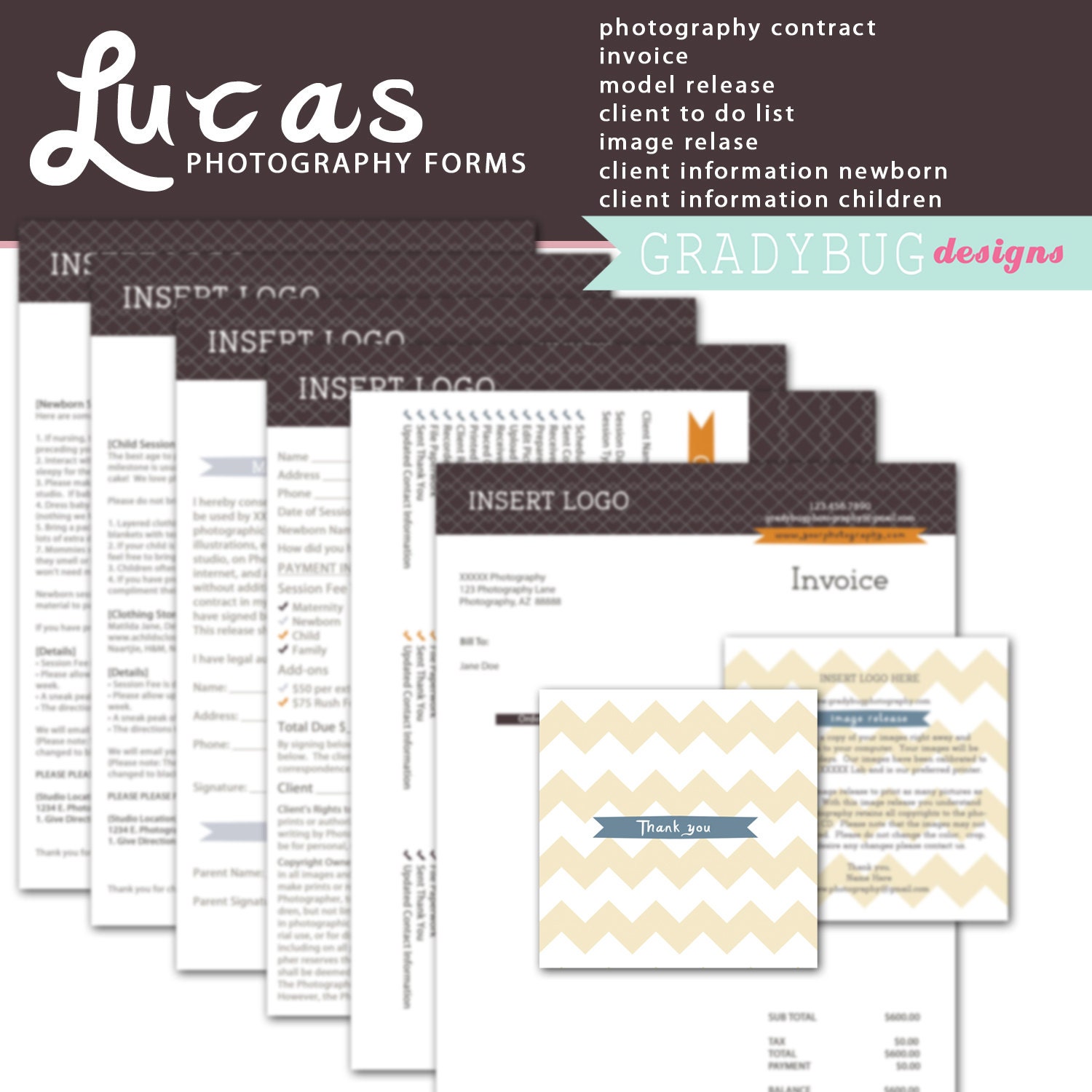 Lucas PHOTOGRAPHY FORMS - Image Release, Photography Contract, Client to Do List, Invoice,Model Release, Client Information Page