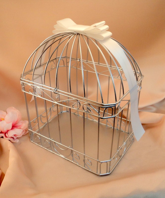 Custom Colors Wedding Card Box Bird Cage...Painted in ANY Color to Match Your Wedding Colors..Shown in Silver and White