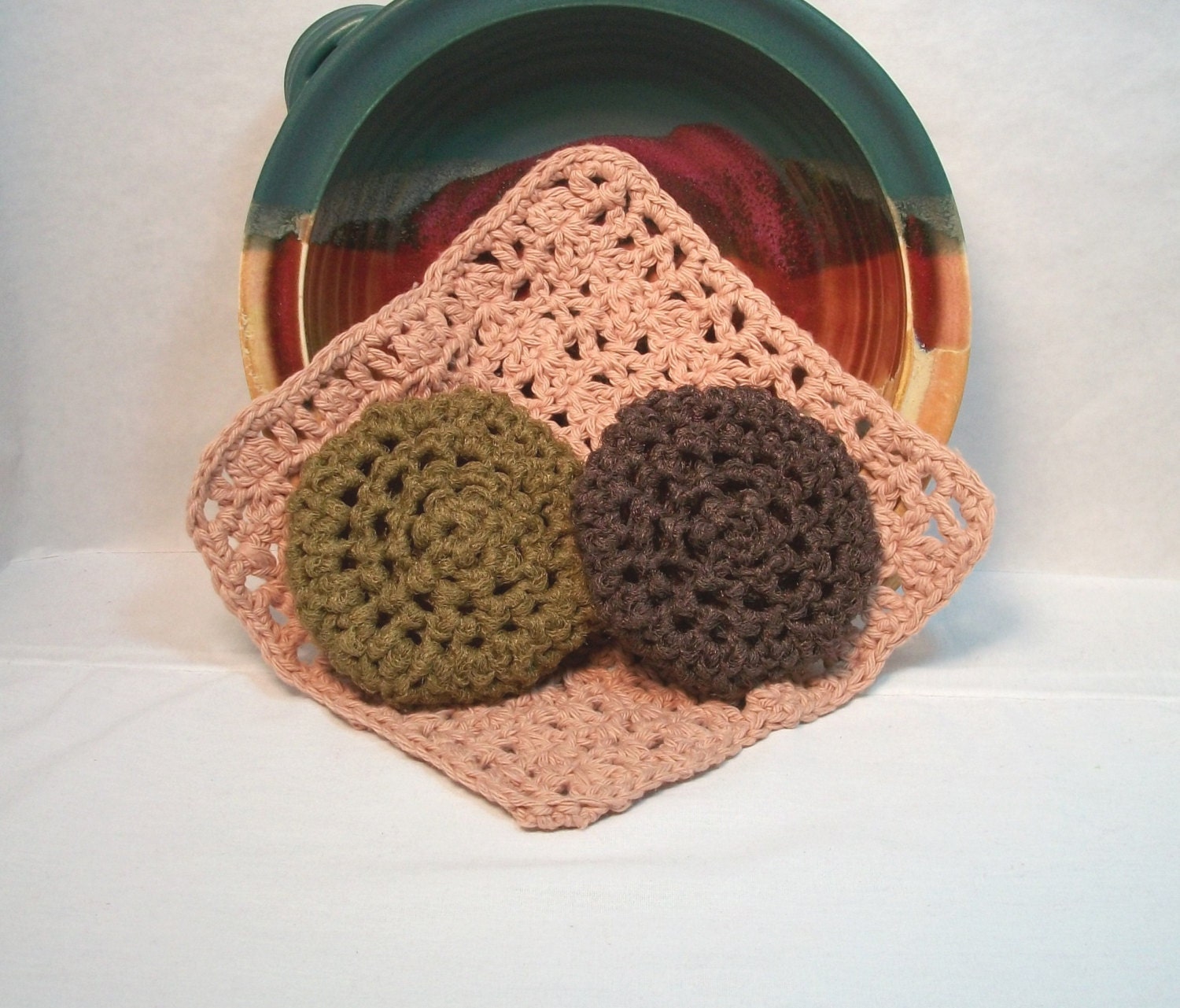 Pot Scrubbers and Dishcloth kitchen set. Nylon net, cotton dishcloth, kitchen and home cleaning aids, colorful, durable. Pick your 3pc.