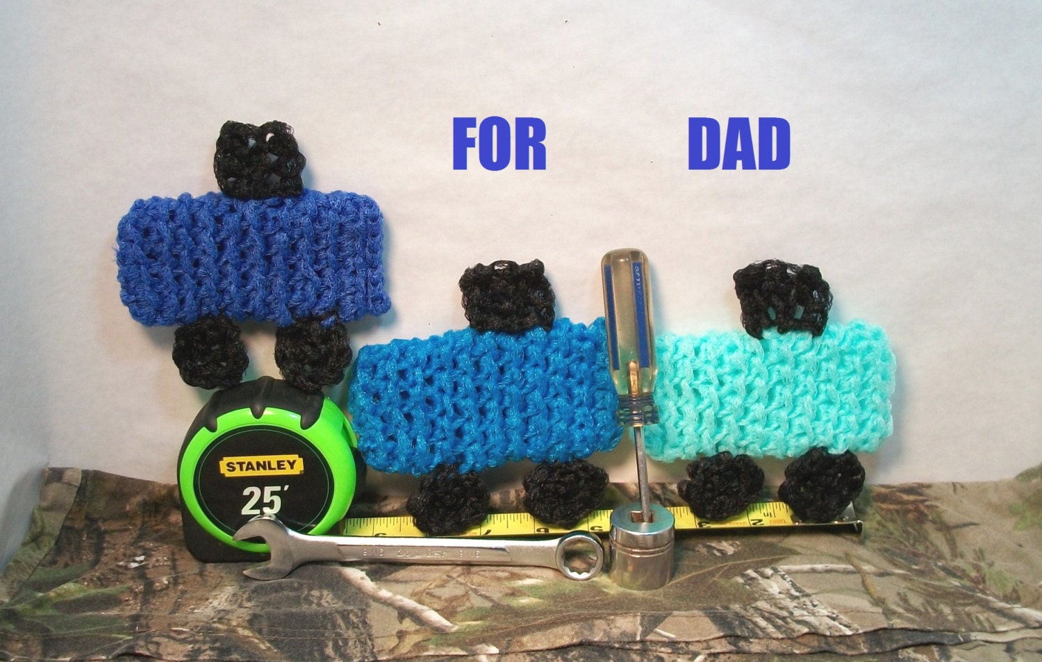Pot Scrubbers. Scour pads, scratch resistant, blue, trucks, for dad, cleaning aid, durable, handmade. Father's Day truck shaped scrubbers.