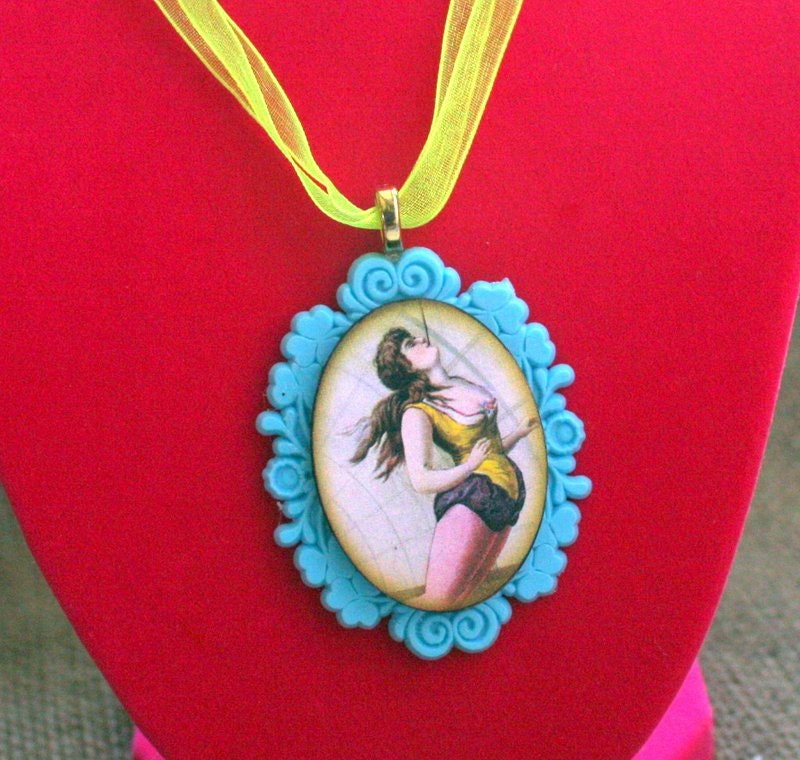 Vintage Circus Theme Wood Pendant Woman Sword Swallower