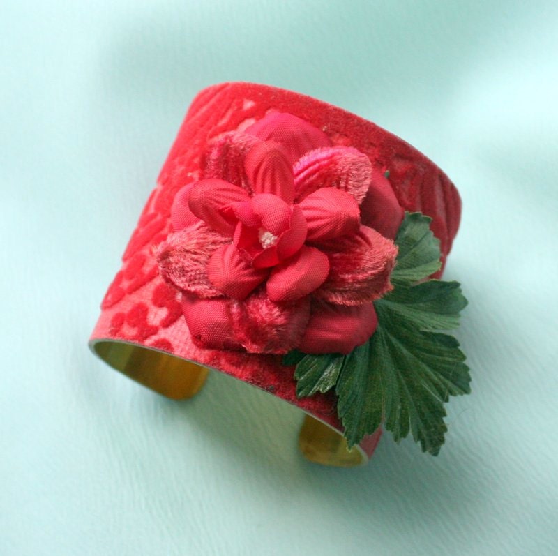 Red Flocked Vintage Wallpaper Cuff Bracelet with Millinery Embellishment