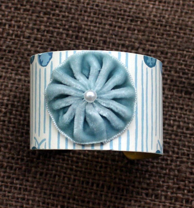 Vintage Wallpaper Cuff Bracelet with Velvet Rosette Embellishment