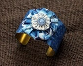Royal Blue Flocked Vintage Wallpaper Cuff Bracelet with Fabric Yoyo Embellishment