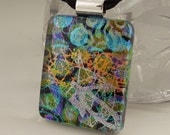 Fashion Accessories, Dichroic Fused Glass Pendant Neclace, Green Blue Silver X7851