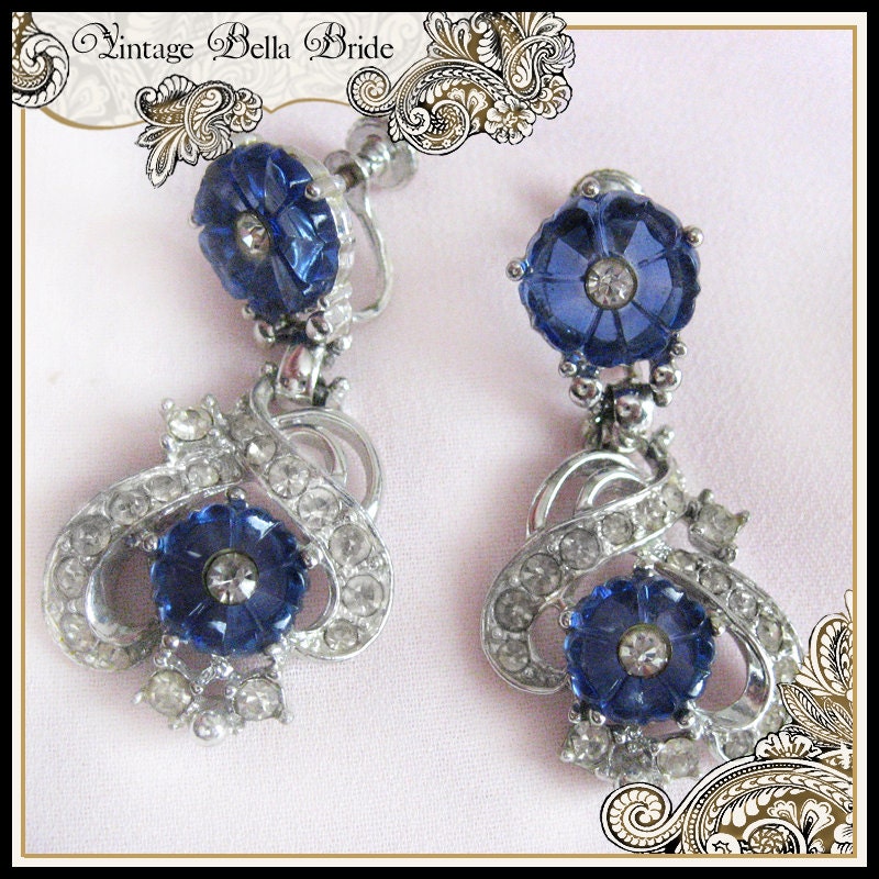 Poured Glass Blue Flowers with Clear Rhinestone Earrings - Unmarked Mazer Bros.