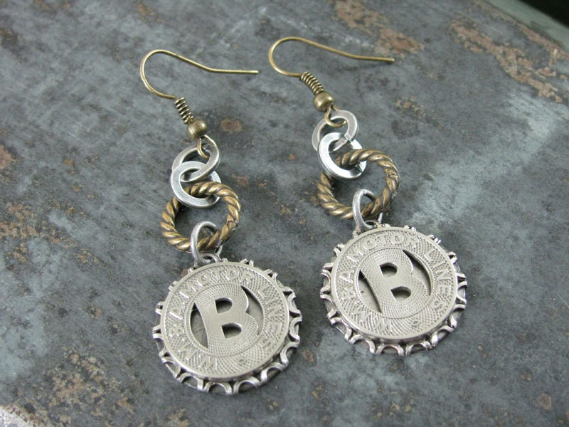 Transit Token Jewelry - Authentic WM & A Motor Lines (Washington D.C.) Industrial Chic Dangle Earrings - Initial B