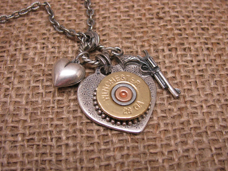 Shotgun Casing Jewelry - Shot Through the Heart - Silver Heart Pendant w/ Winchester 28 Gauge Shotgun Shell, Gun & Heart Charm